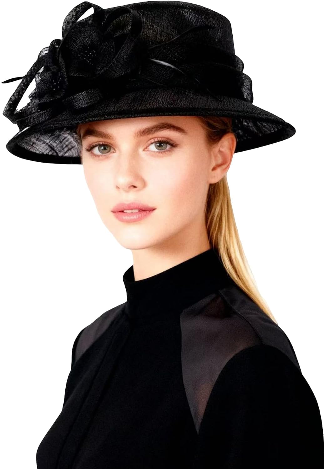 HIMESPORT Retro Sinamay Veil Flower Bride Wedding Fascinator Hat Feather Bowler Hat Hair Accessory Banquet Cocktail Party Medium Black 1