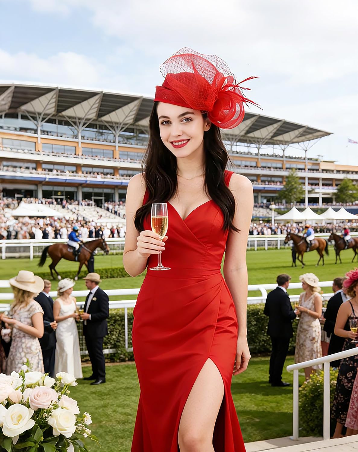Z&X Sinamay Fascinator Hat Floral Feather Pillbox Derby Hats for Women Wedding Tea Party with Headband Clip 001- Red Fascinator